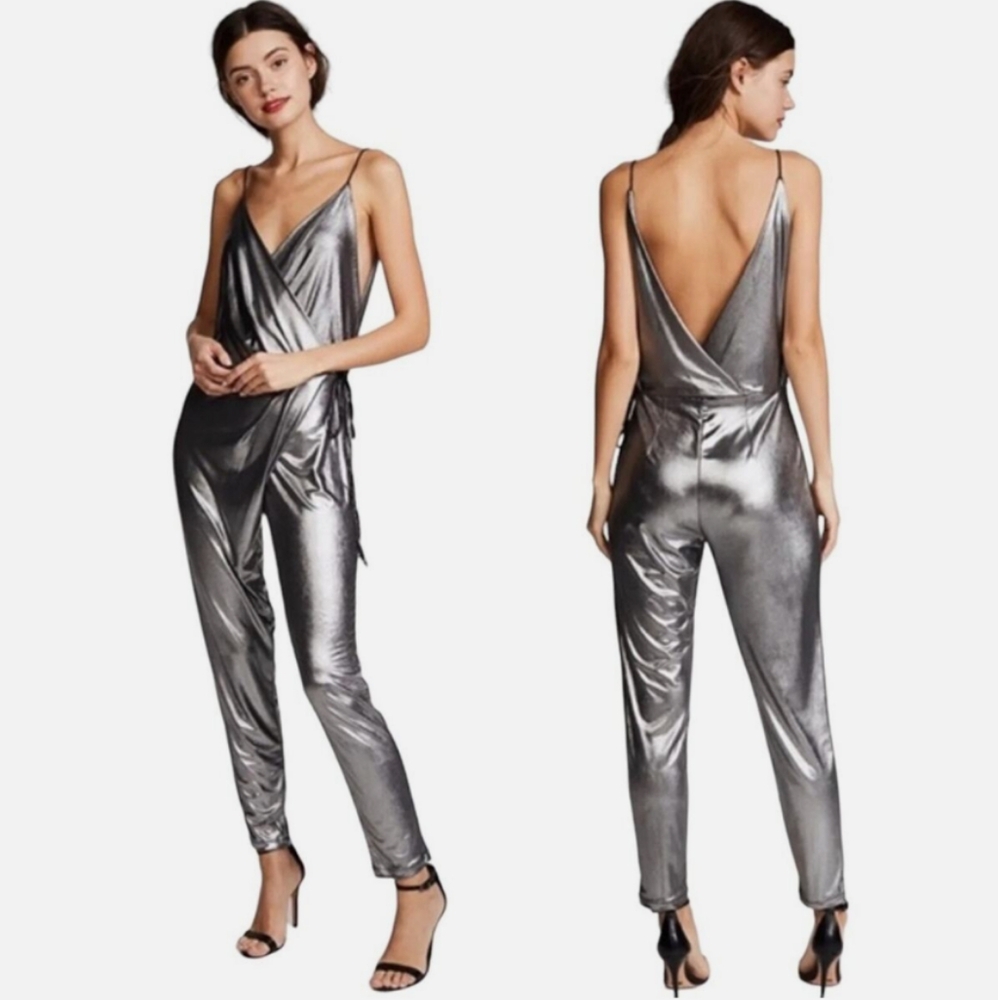 RONNY KOBO Margalit Metallic Surplice Plunge Open Back Jumpsuit